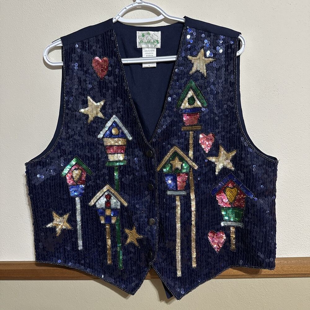 Quacker Factory Women's Vest Sequins Bird Houses Navy Size Large Blue